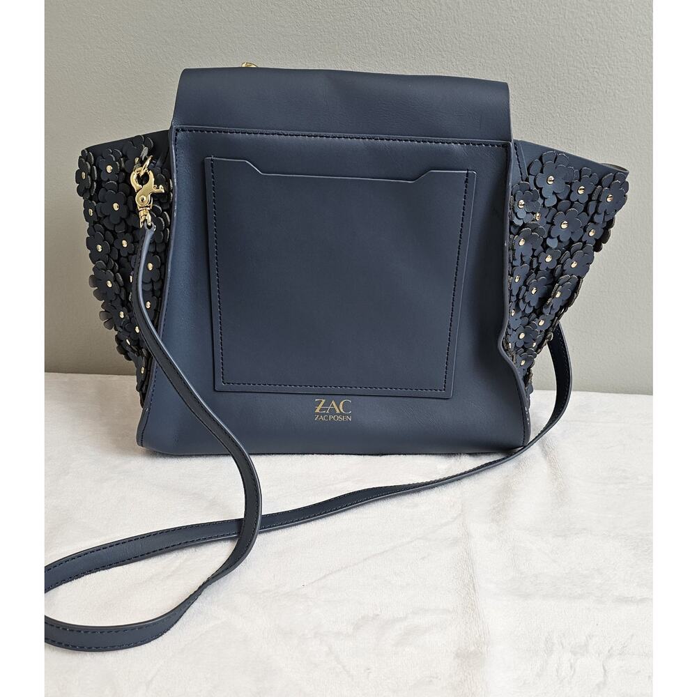 Zac Posen Eartha Leather Grayish Blue Floral Appliques Top Handle Crossbody Bag